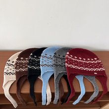 100%WOOL高档复古提花费尔岛针织帽秋冬保暖护耳帽防寒毛线飞行帽