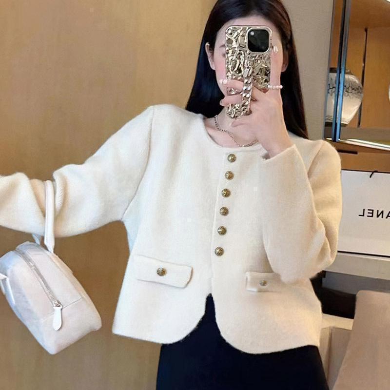 小香风新款圆领时尚优雅针织开衫女秋季百搭宽松减龄毛衣韩系外套