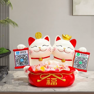 创意卡通可爱招财猫前台收纳摆件二维码店面开业树脂小猫开业礼品