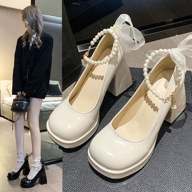 2025 Spring New Mary Jane Thick Heel Pearl Shoes Bow Small Fragrance High Heels