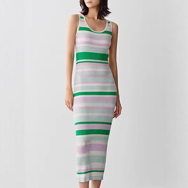 Yang Mi's Same Style Niche Designer Colorful Striped 100% Merino Wool Knitted Sleeveless Dress Vacation Long Dress for Women Yang Mi's Same Style Niche Designer Colorful Striped 100% Merino Wool Knitted Sleeveless Dress Vacation Long Dress for Women