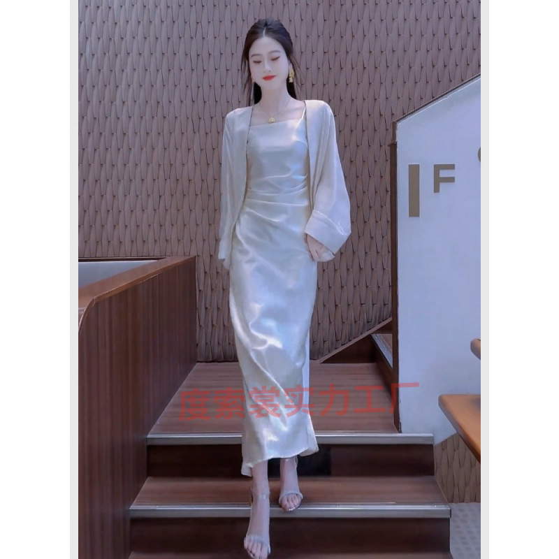 2025巨好看的醋酸吊带连衣裙外搭罩衫高级感女夏重要场合绝美裙子|undefined