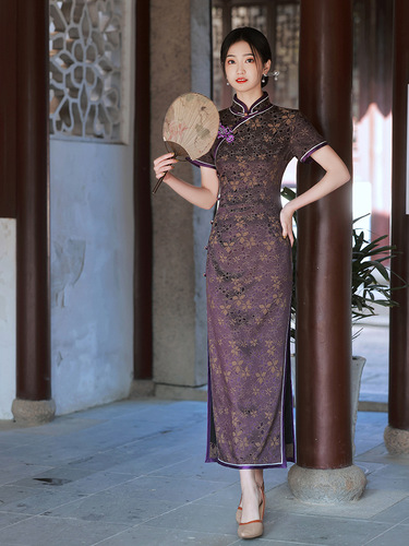 Floral green purple floral chinese dresses oriental qipao dresses for women girls improved qipao restoring ancient ways of Shanghai daily temperament Chinese dress for female