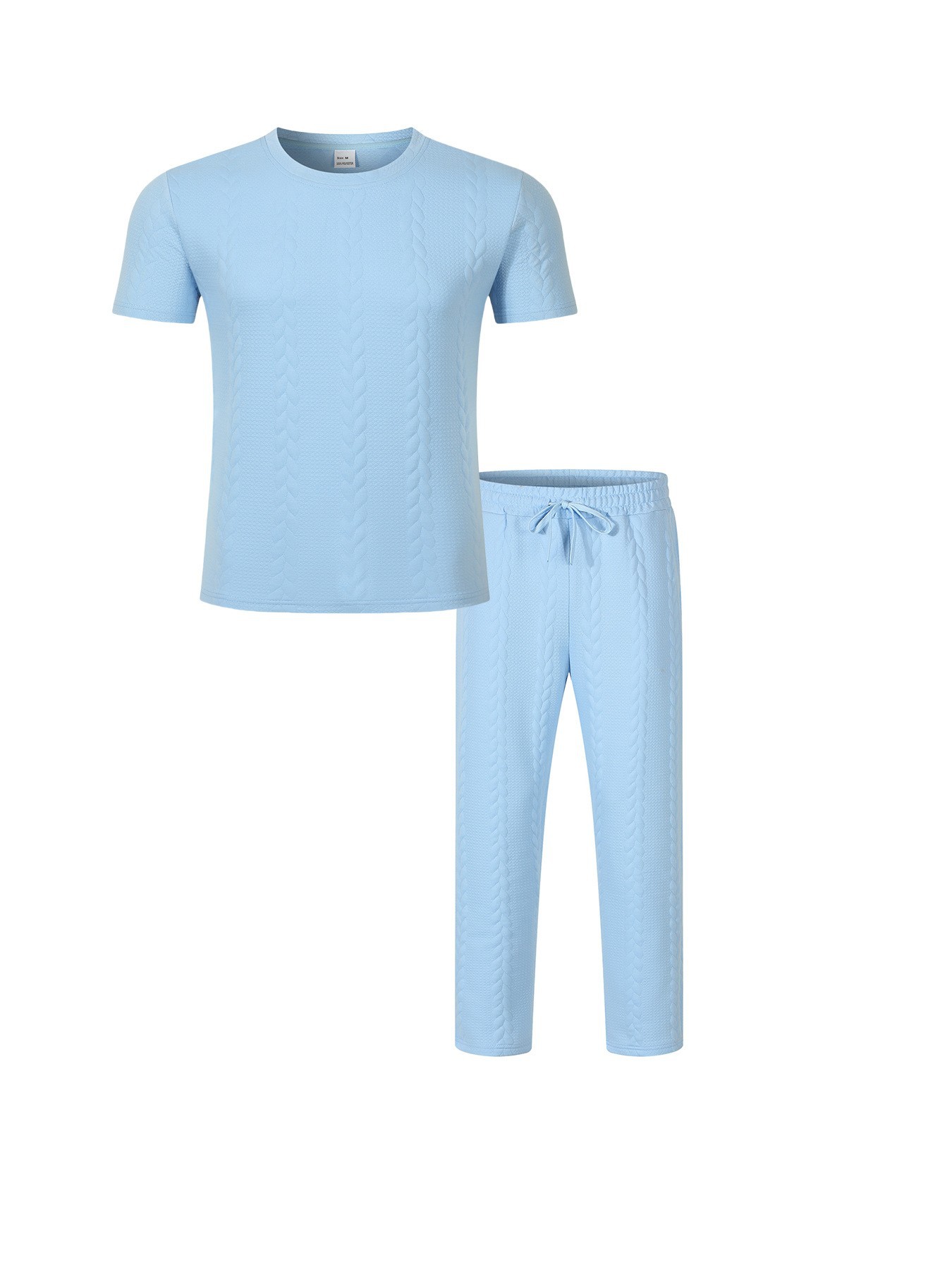 Men's Cable Knit Solid Color Jacquard Pullover Crew Neck Short Sleeve Trousers Casual Suit American Style Autumn New_viptrois.com