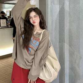 半开领纯棉休闲印花长袖设计感T恤女春秋2025新款慵懒薄款ins上衣
