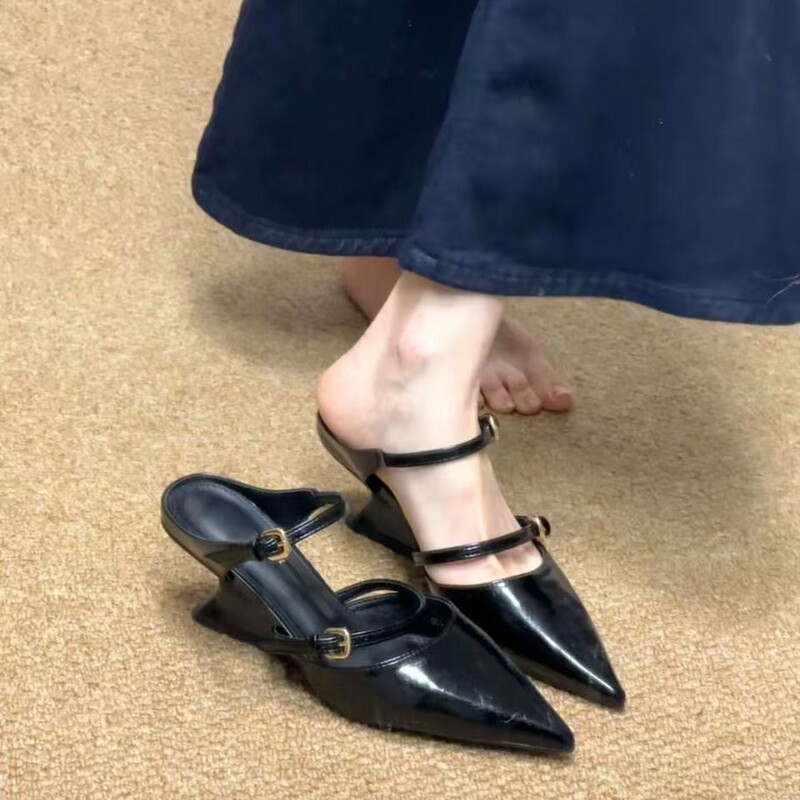 Cowhide Version~French-Style Pointed-Toe Wedge Mules, Closed-Toe Half-Slippers for Women, Summer Outdoor Wear, Single-Strap High-Heeled Sandals