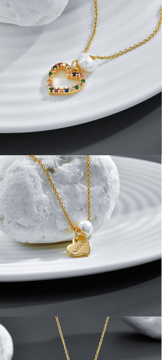 Fashion Pearl Heart-Shaped Pendant Copper Plating 14K Gold Zircon Inlaid Necklace