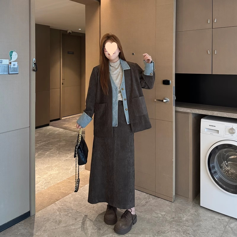 Large size suit plus cotton corduroy jacket long skirt two-piece set for women's autumn fat giant slim pear-shaped body set