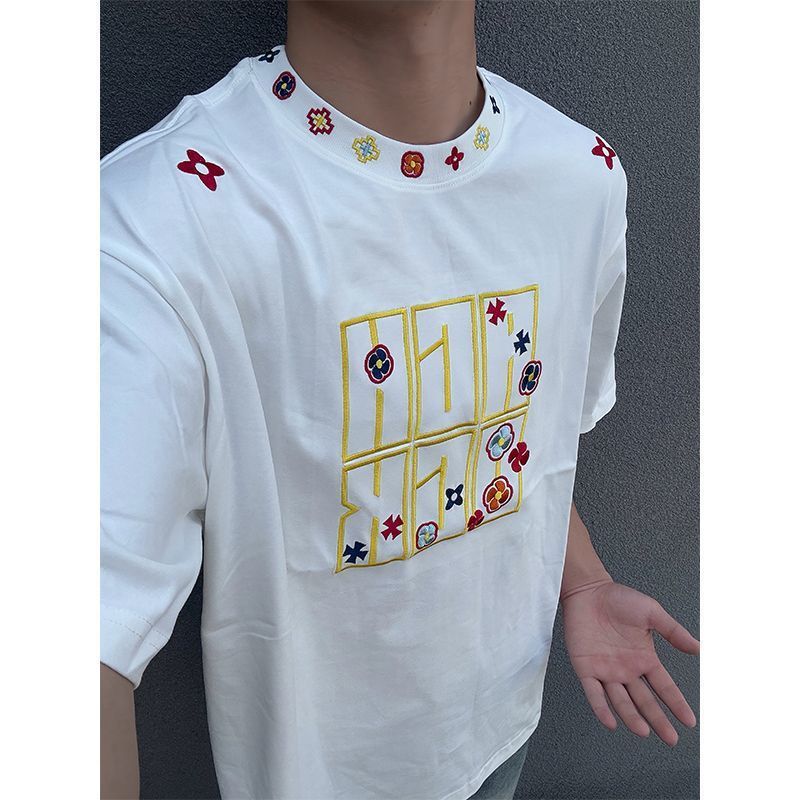 アメリカンレトロレター刺繍半袖メンズ夏ニッチヘビーウェイトラウンドネックシャツハイストリートカップル|undefined