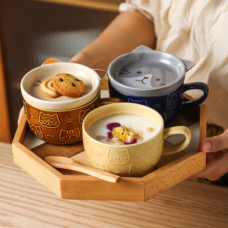 日本出口創意陶瓷杯子帶蓋創意貓咪馬克杯家用水杯兒童可愛早餐杯