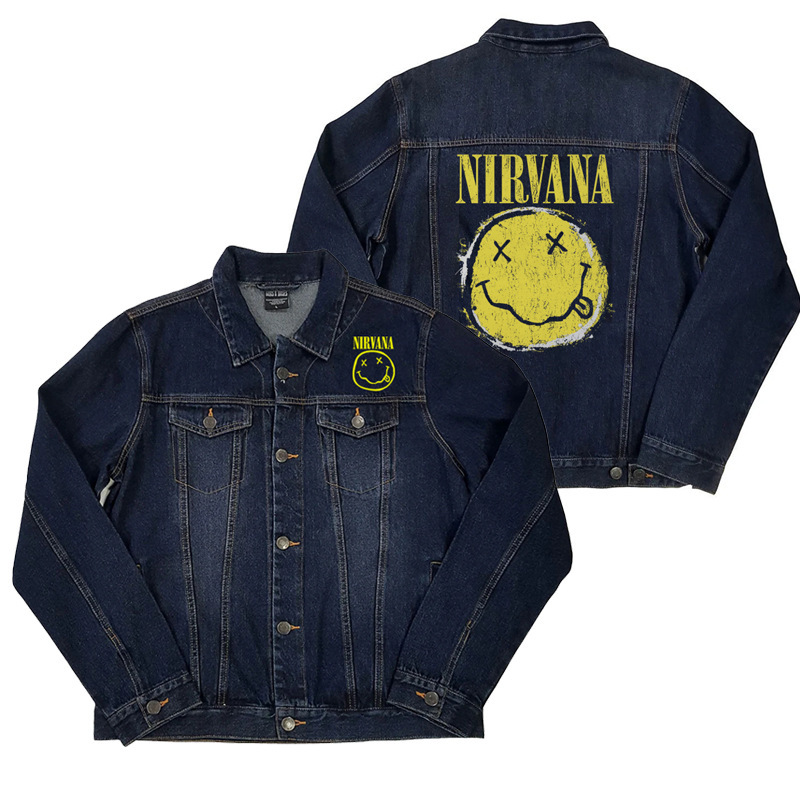 Dark Blue Lapel Denim Jacket Nirvana Band Rock European and American Street Style Biker Denim Shirt Jacket