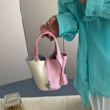 夏日3Q粉菜篮子包包高级感小众设计水桶包荔枝牛皮拼色手拎手提包