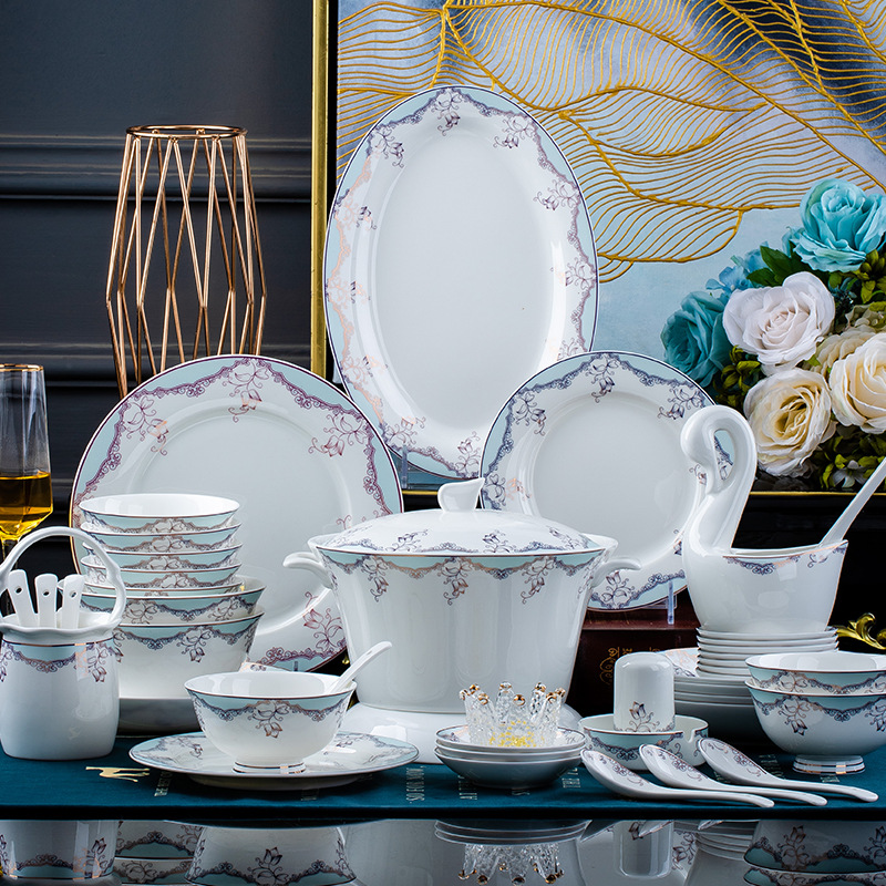 陶瓷碗湯碗盤子菜盤小禮品套裝景德鎮的飯碗魚盤簡約骨瓷餐具家用