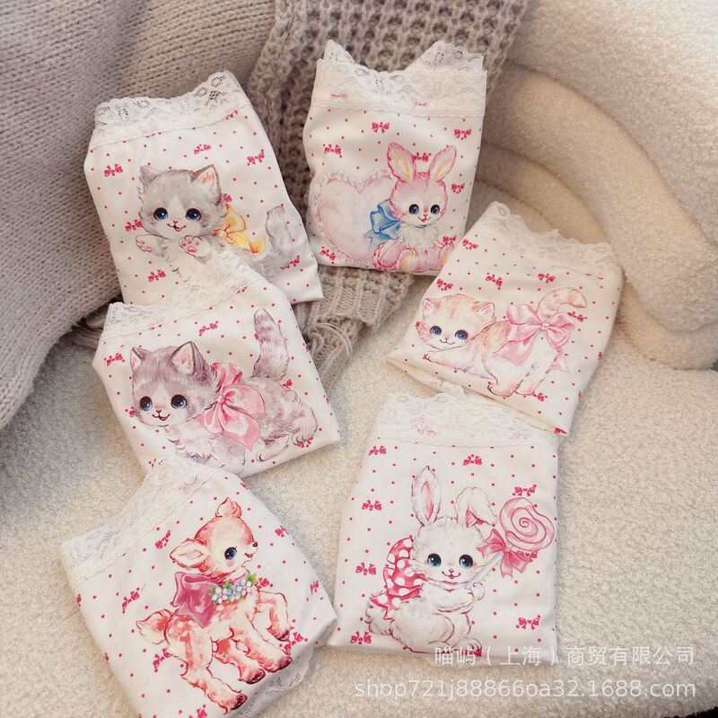 Original Lace Cotton Kitty Printed Breathable Comfortable Briefs Girls Japanese Style Lace Low Waist Cute