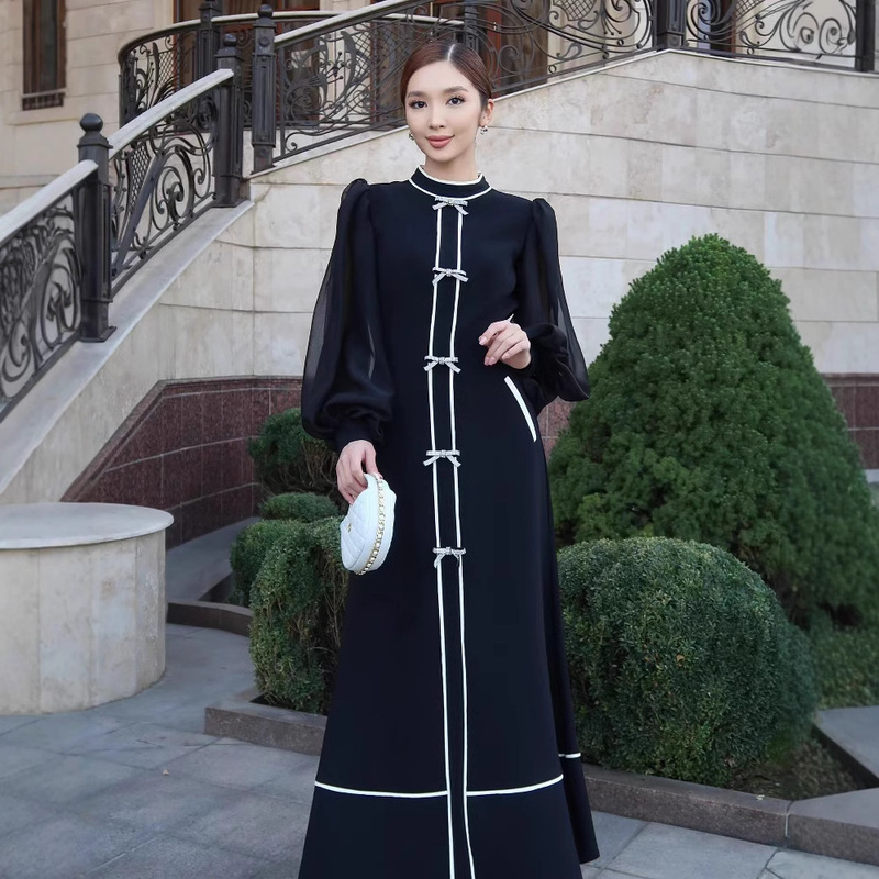 2024 European and American Cross-Border Foreign Trade New Bow-Decorated Contrasting Color Design Elegant Long Dress