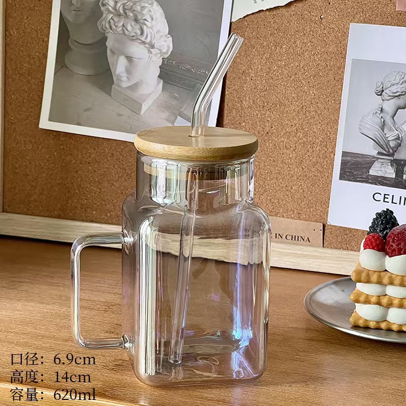 Nuevo producto Taza de paja cuadrada especial Vaso de vidrio con tapa de borosilicato Taza de jugo Gran capacidad y mango de alto valor