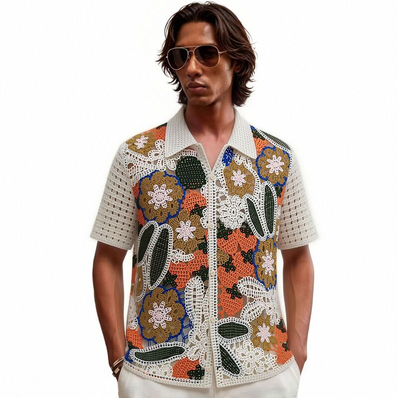 Cross-Border Men's Clothing European and American Style Summer Men's Jacquard Cardigan Knitwear Hollow Crochet Short-Sleeved Polo Shirt Sj0119