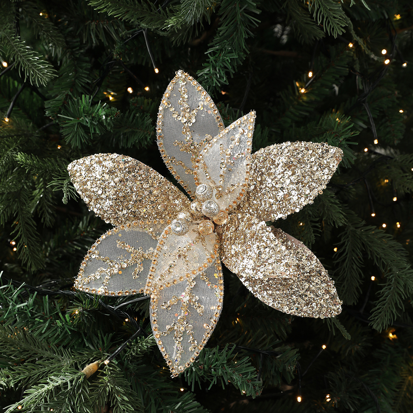 Flores de Navidad huecos decoraciones de Navidad árbol de Navidad de alta calidad polvo de oro polvo de tela flor de tela de tela