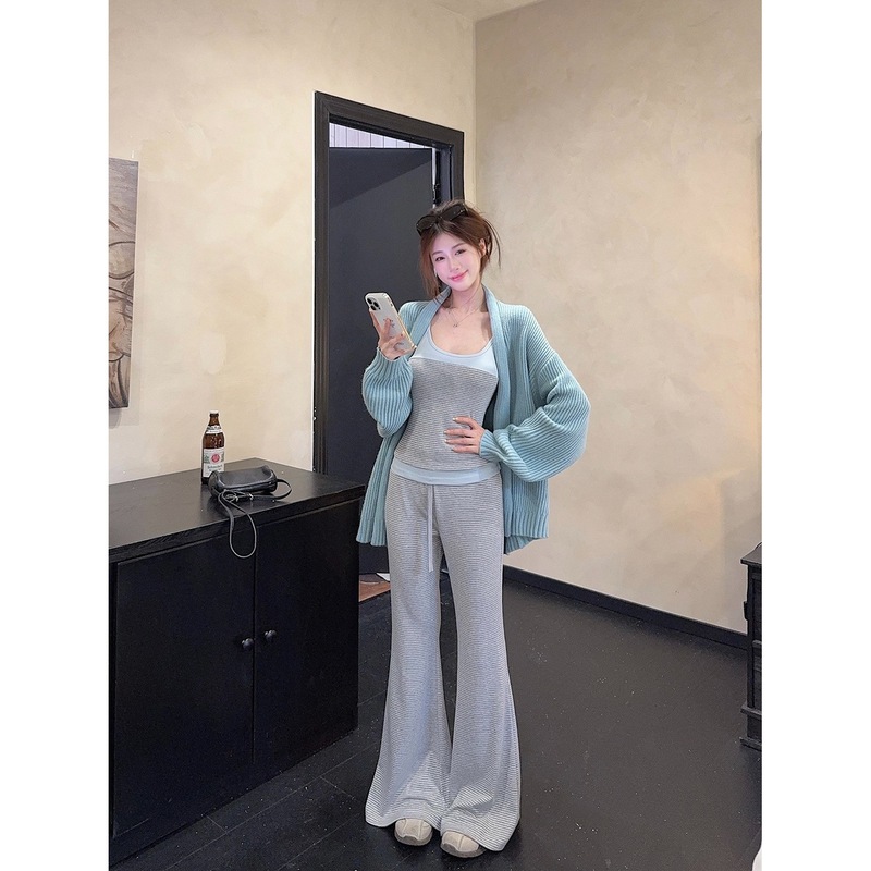 韩系条纹撞色吊带背心微喇休闲裤毛衣外套女2025秋季新款时尚套装|undefined
