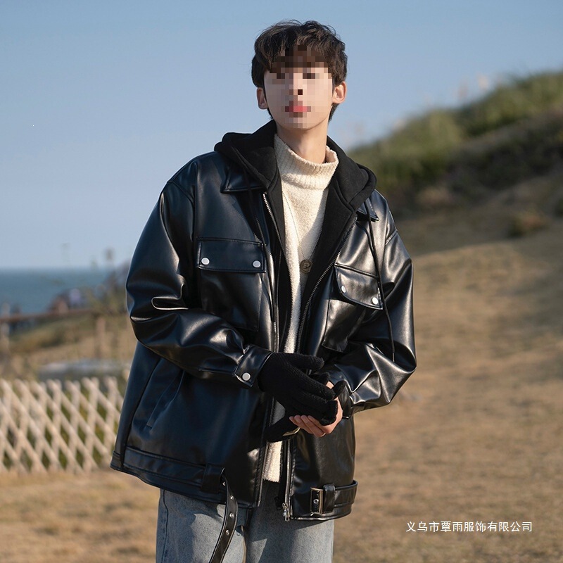 Japanese-Style Cool Leather Jacket for Men, Spring Season, Padded and Thickened, Faux Two-Piece Jacket, American-Style Motorcycle Jacket