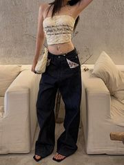 美式复古设计感赤耳碎花拼接牛仔裤子女辣妹亚文化宽松显瘦直筒裤