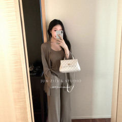 大方得体小套装早秋针织开衫外套U领背心内搭慵懒休闲裤三件套女
