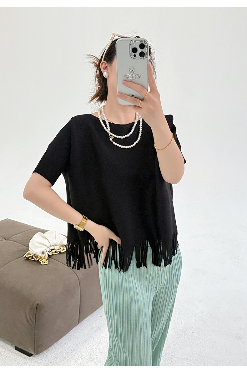 Áo thun nữ cổ tròn tay ngắn xếp ly tua rua form rộng — Màu xanh lam nhạt chi tiết 19