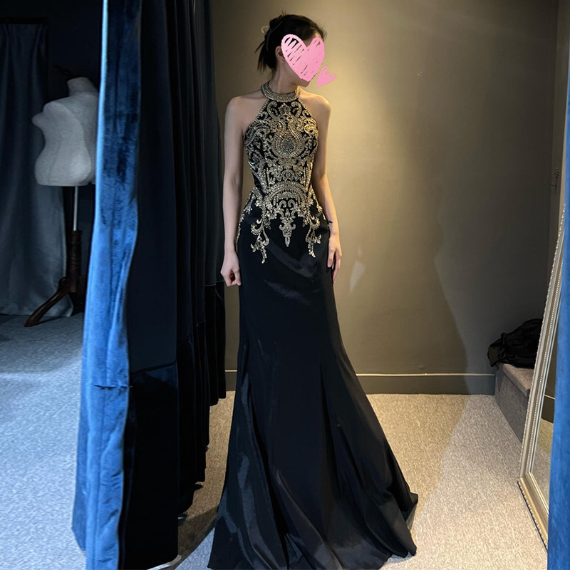 Host's Formal Dress, Banquet Chorus Dress, Black Fishtail Halter Neck Vocal Performance Dress for Vocal Art Exam Solo Performance