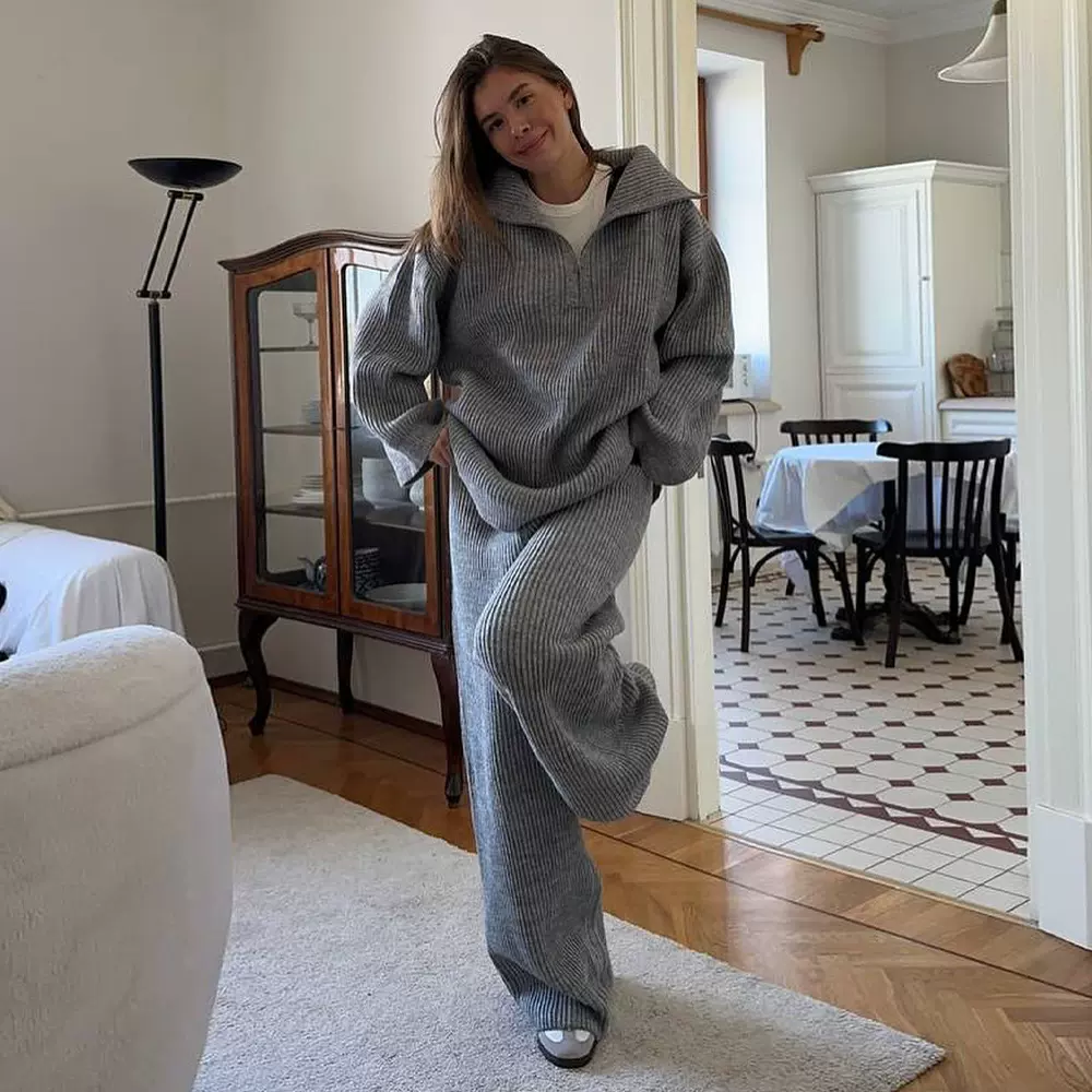 跨境半拉链针织毛衣套装女欧美2025秋冬新款翻领长袖阔腿长裤套装