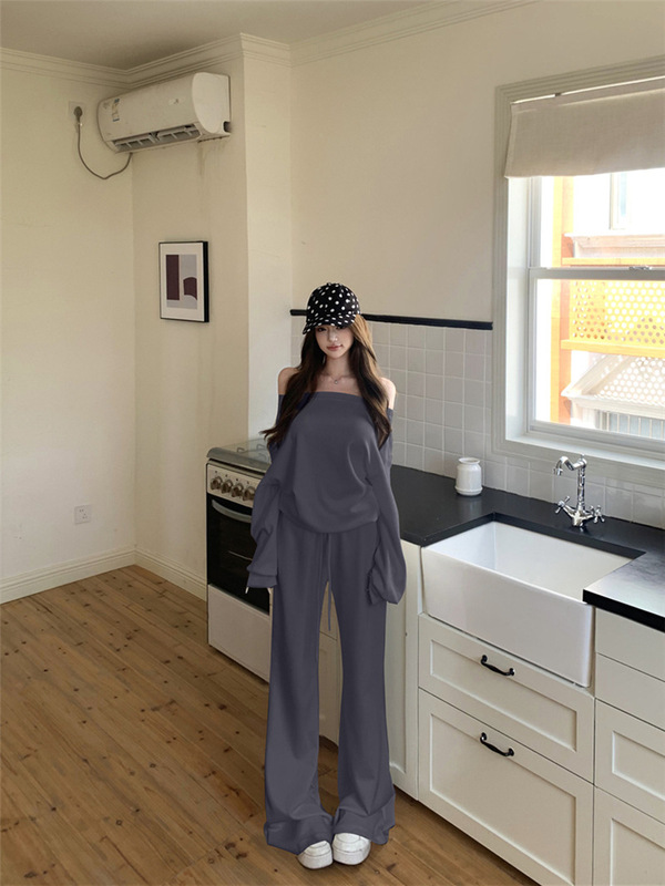 女士衣服套装秋季时尚辣妹斜肩上衣露肩长袖卫衣休闲裤阔腿长裤|undefined