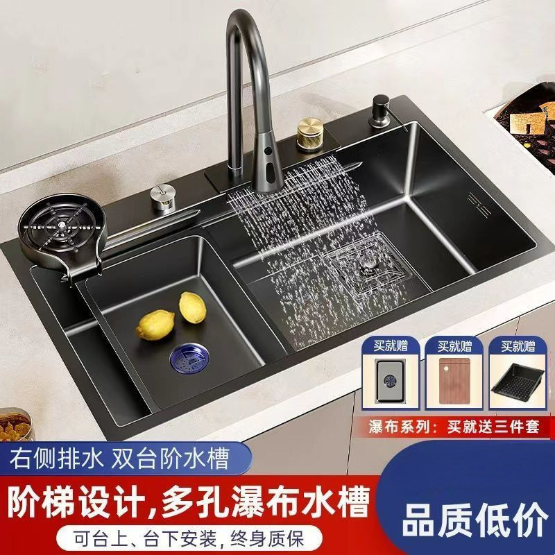 家用特厚枪黑色飞雨瀑布大单槽不锈钢加厚手工洗菜盆厨房大单水槽