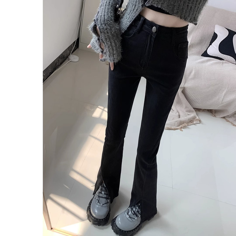 Black split micro-pull imitation jeans women's spring and autumn Korean style high waist slimming stretch casual mop flared pants Black split micro-pull imitation jeans women's spring and autumn Korean style high waist slimming stretch casual mop flared pants