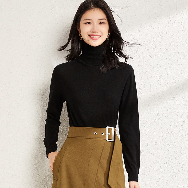 Autumn And Winter Seamless One-line Ready-made Wool Sweater For Women High Collar Slim Fit Solid Color Wool Knitted Bottoming Sweater For Women