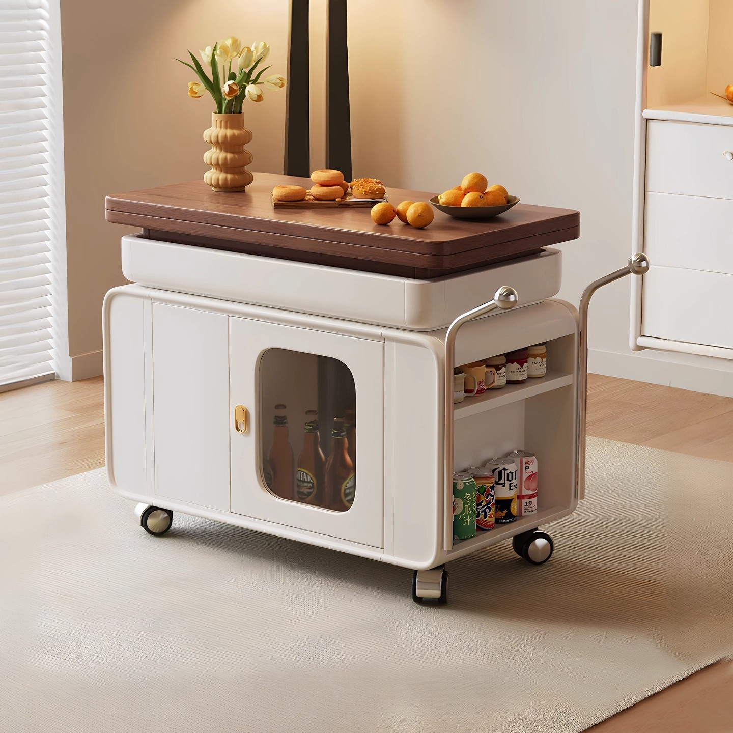 Medieval-Style Solid Wood Movable Coffee Table, Adjustable Height Tea Table, Foldable Living Room Sofa Side Multifunctional Balcony Trolley