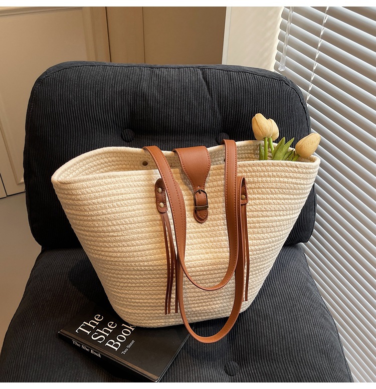 1125g Weight Weave Fashion Element Lock clasp Closure Type Double Shoulder Straps Strap Type Straw Bag Bags Type Casual Occasion cotton rope Material Solid Color Pattern Spring&Summer Season Women's Gender Beach Style Bucket Shape Large Size Women's Large Cotton Rope Solid Color Beach Weave Bucket Lock Clasp Straw Bag 26