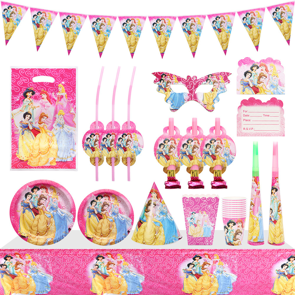 Six Princess Cartoon Animation Theme Kidsren's Birthday Holiday Party Venue Supplies Disposable Tablecloth Dinner Plate Set
