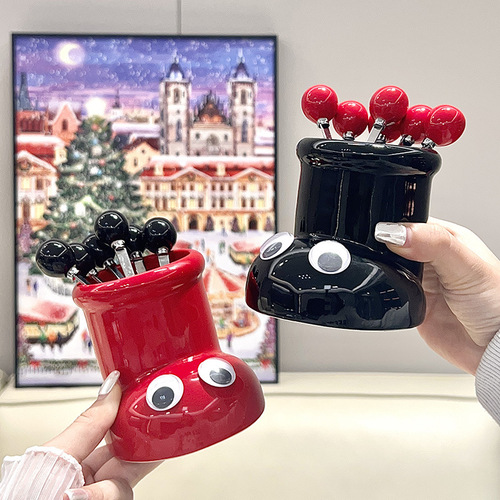 Cute fruit fork set, creative design, ceramic fruit fork jar, stainless steel fruit fork, high-looking small fork