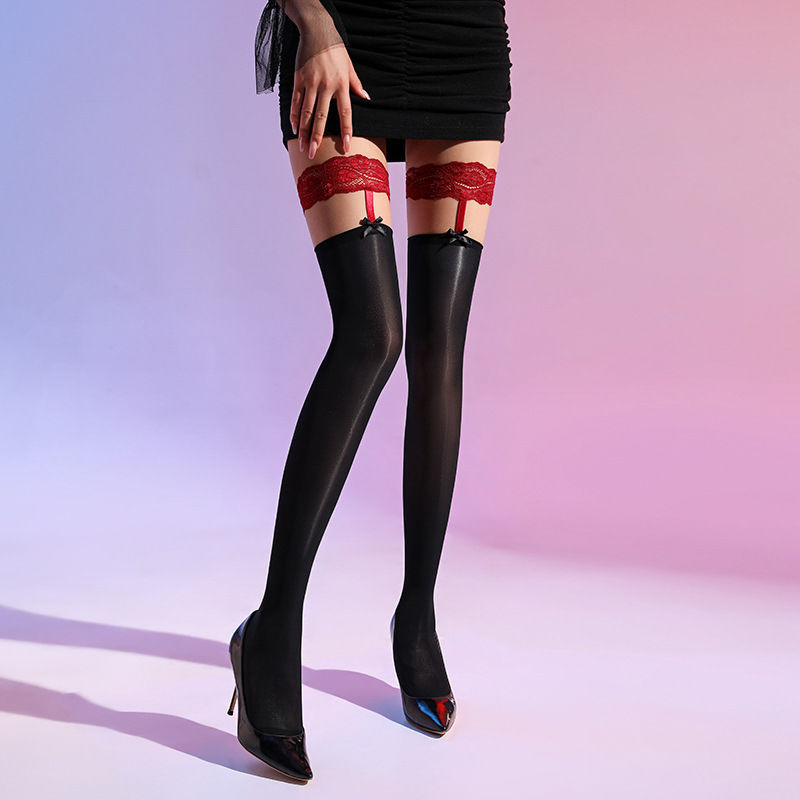 Sexy Large Size Lace Mid-Length One-Piece Horse Oil Socks over the Knee Thin Black Half-Length Silky Sexy Stockings
