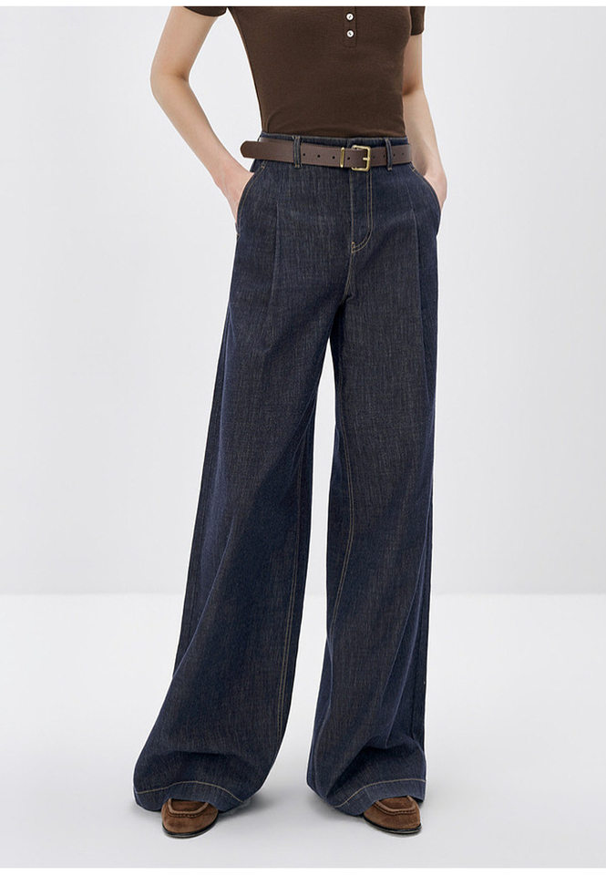 Quần ống rộng denim cạp cao phong cách retro cho nữ, form suông thoải mái tôn dáng — Xanh tím than chi tiết 1