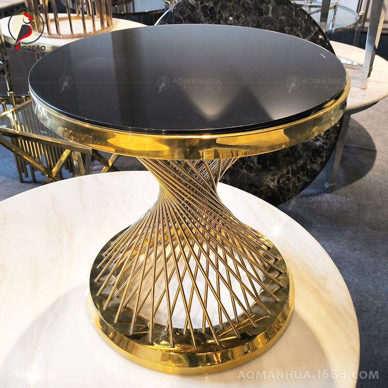 Mesa de té de mármol de acero inoxidable combinación de varios lados de la sala de estar simple mesa de hotel de metal hueco nido de pájaros titanio oro