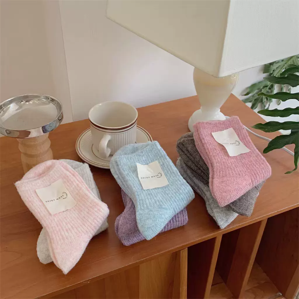 冬季日系粗针织中筒袜 咖色厚实羊毛堆堆袜 lolita毛线袜子秋冬