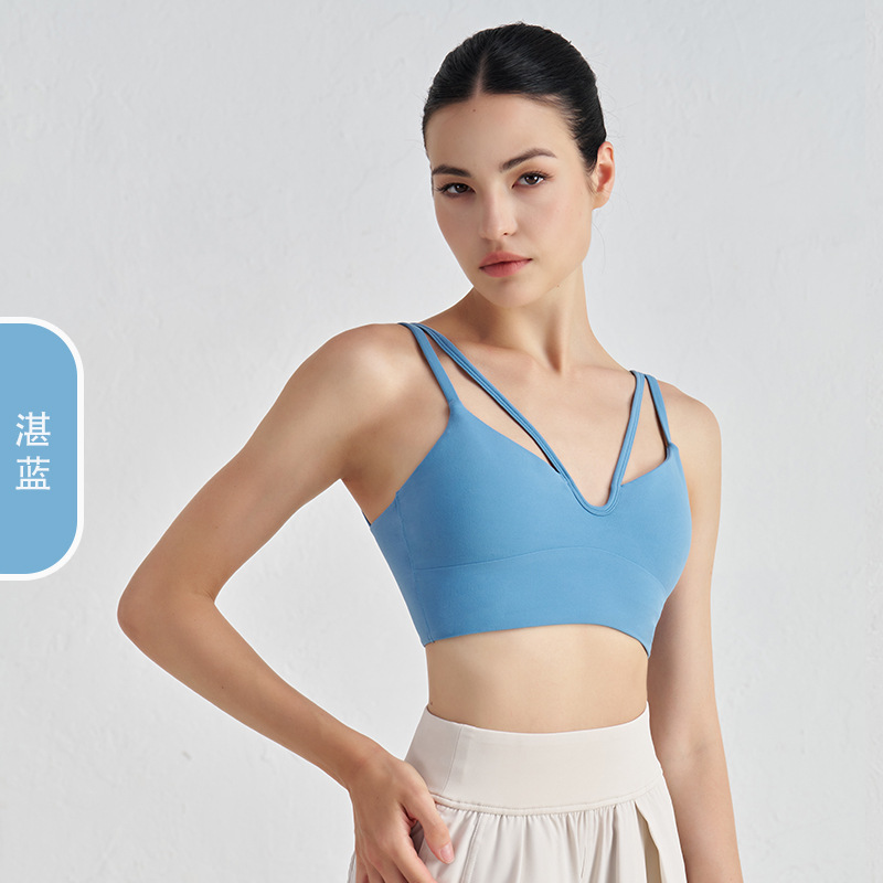 Desnudo con cuello en V, doble cabestrillo, chaleco de yoga, almohadilla para el pecho, tirantes finos, ropa interior deportiva, sujetador de fitness para mujer, hermosa espalda