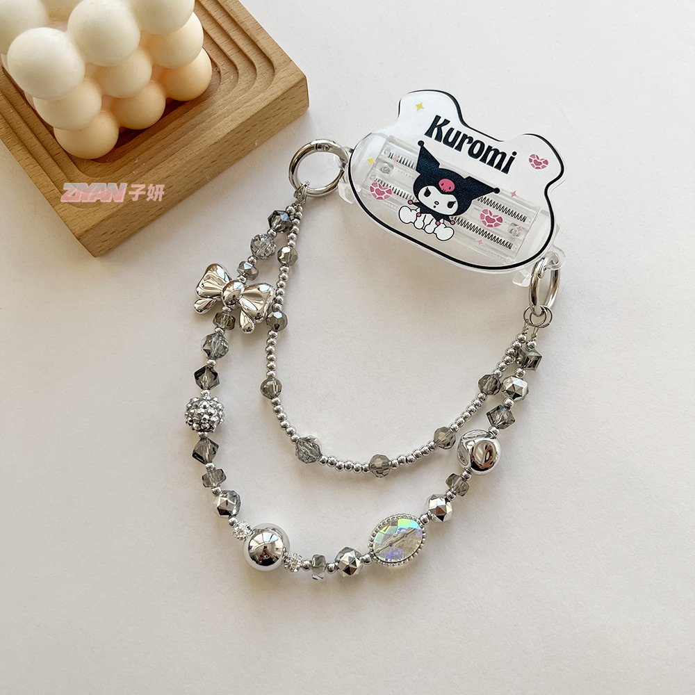 Light luxury ins silver bow double chain bracelet beaded crystal chain mobile phone shell CCD camera mobile phone lanyard