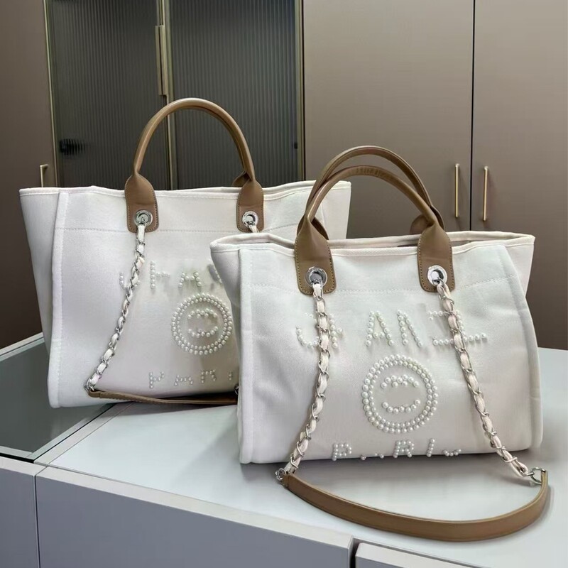 Cross-Border Popular 25-Year Pearl Embroider Large-Capacity Satchel Tote Bag Beach Bag Same Style Canvas Shopping Bag Women's Bag Cross-Border Popular 25-Year Pearl Embroider Large-Capacity Satchel Tote Bag Beach Bag Same Style Canvas Shopping Bag Women's Bag