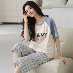 Summer Short-sleeved Cropped Pants Pajamas Women's Pure Cotton Pullover Cartoon Girl's Casual Korean Style Outwear Home Clothes suit