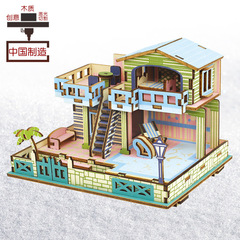 Wholesale 3D Wooden Stereo Puzzle from Manufacturer Wooden DIY Handmade Toy Assembly Model Blue Dream Island Villa Toy