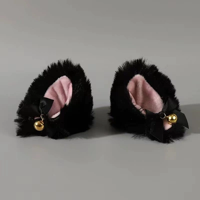 Motosiklet dəbilqələri | bowknot cross-border double-layer plush - free-size-black-cat-ears-with-golden-bell