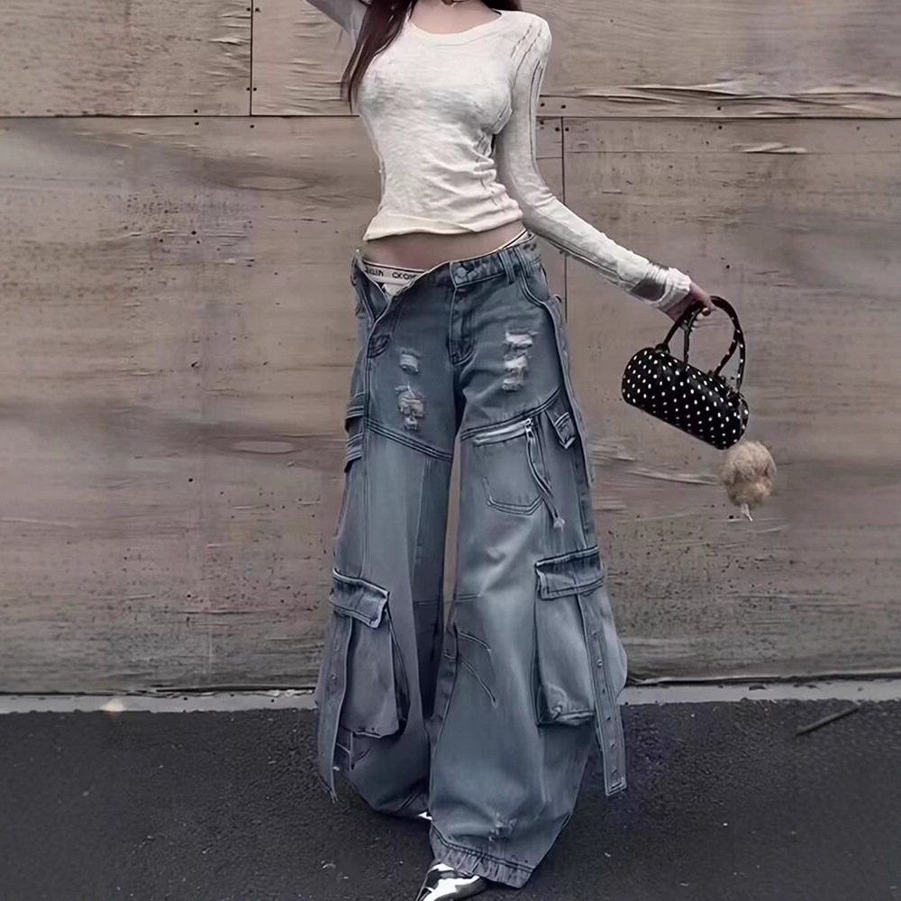 American High Street Heavy-Duty Washed Multi-Pocket Ripped Flared Work Jeans for Women, Loose Versatile Wide-Leg Scimitar Pants