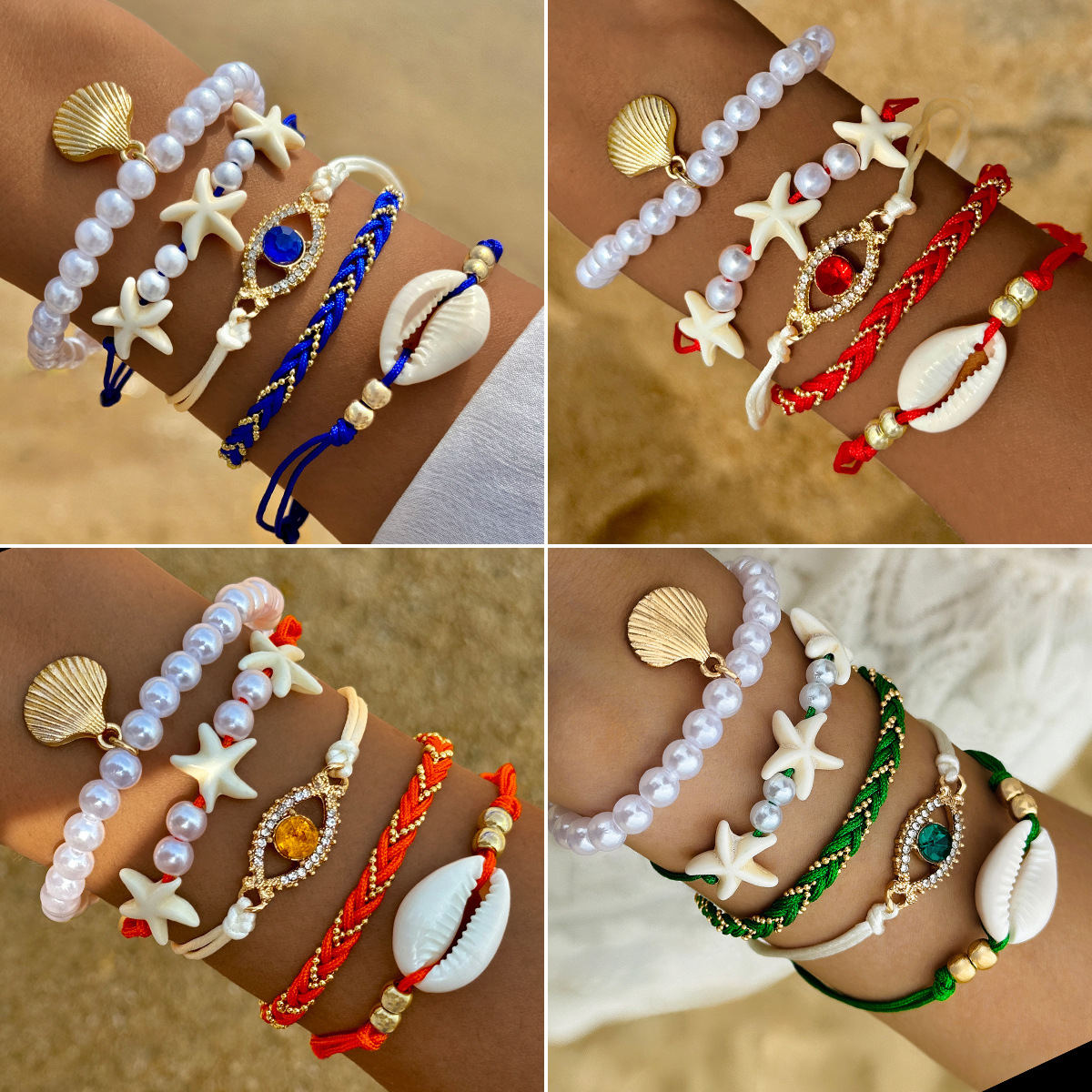 Cross-Border Beaded Shell Jewelry Beach Style Devil's Eye Stacked Imitation Pearl Summer Bracelet Set Bracelet Wholesale