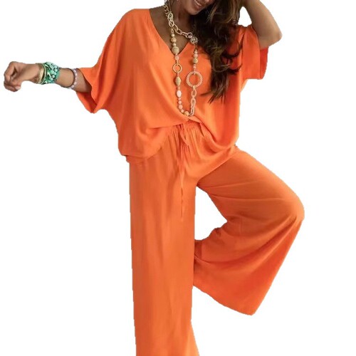 Amazon AliExpress Independent Store 2025V Collar Batwing Sleeve Loose Wide Leg Pants Set for Women